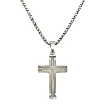 Imagem de REchoLI Colar de cruz para homens, aço inoxidável, preto/prata, pingente de cruz religiosa, corrente de joias cristãs, 60 cm/23,6 polegadas, Aço inoxidável, Sem Pedra Preciosa