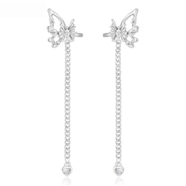 Imagem de ADAIER Pingente de corrente prateada para mulheres, brincos de borboleta com borla, design para orelhas não perfuradas, brincos de cartilagem com clipe para orelhas não perfuradas, brinco de