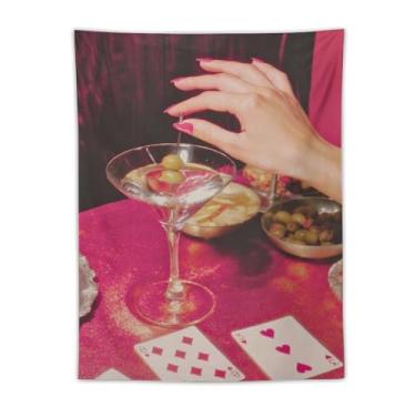 Imagem de Tapeçaria Vintage Martini Olive Poker Cartão de Pôquer Rosa Brilhante Mesa Temática Decoração Estética Chique Festa Decoração Para Sala de Estar Quarto Elegante Arte de Lazer Ornamento 76 x 101