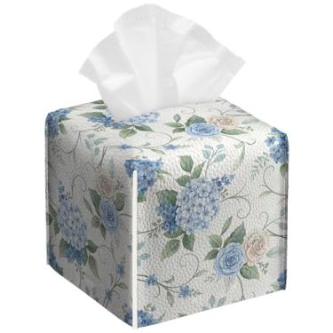 Imagem de Pacote com 2 caixas de lenços de flores azuis de hortênsia quadrada floral de couro PU suporte organizador de papel facial à prova d'água para banheiro, cozinha, casa, escritório, carro