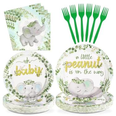 Imagem de 96 peças de artigos de festa de chá de bebê de elefante verde sálvia pratos e guardanapos de elefante um pouco de amendoim está a caminho, guardanapos para meninos e meninas, artigos para festa de