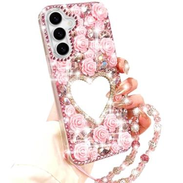 Imagem de Changjia Capa com glitter para Samsung Galaxy, fofo, feminino, 3D, brilhante, coração, maquiagem, espelho, cristal, strass, flores, pedras preciosas, com cordão, alça de pulso, capa feminina para