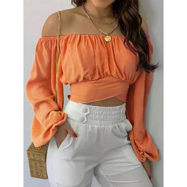 Imagem de Blusa Feminina Sexy Com Ombros Descidos, Manga Longa, Estilo Chic E El