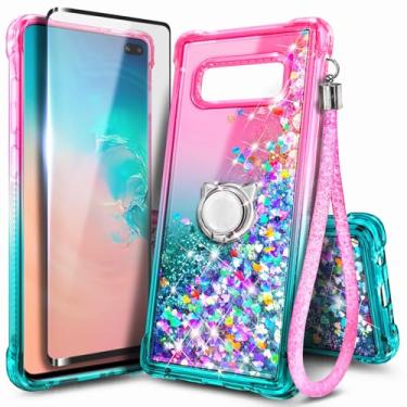 Imagem de Capa NGB projetada para Samsung Galaxy S10+ (Plus), rosa/aqua | Capa fofa com glitter líquido brilhante para mulheres e crianças | com protetor de tela, suporte de anel e cordão de pulso