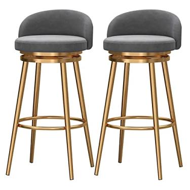 Imagem de Bancos de bar de café da manhã com encosto, banquetas de cozinha, cadeira alta giratória de 360° com apoio para os pés, assento estofado de veludo macio, pernas de metal dourado