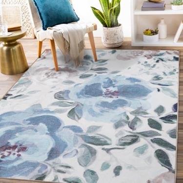 Imagem de My Magic Carpet Tapete lavável – antiderrapante, resistente a manchas, impermeável, dobrável – 1 peça de realce para sala de estar e quarto – Aceitamos animais de estimação e crianças (azul creme floral Sasha, 14 x 18 pés)