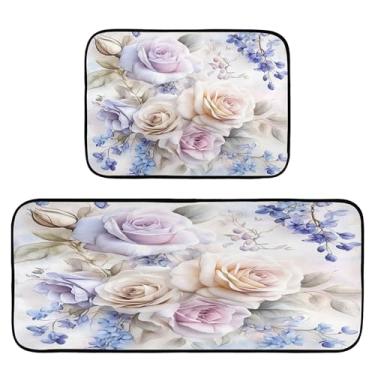 Imagem de xigua Conjunto de 2 tapetes e tapetes de cozinha de rosas e bluebells absorventes macios para o chão, tapete de cozinha, antiderrapante, conjunto de capachos, 50 x 120 cm + 50 x 70 cm