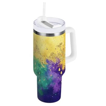 Imagem de Blueangle Copo isolado de fundo Mardi Gras de 1,134 g com alça e tampa de palha, caneca de viagem reutilizável de aço inoxidável (854)