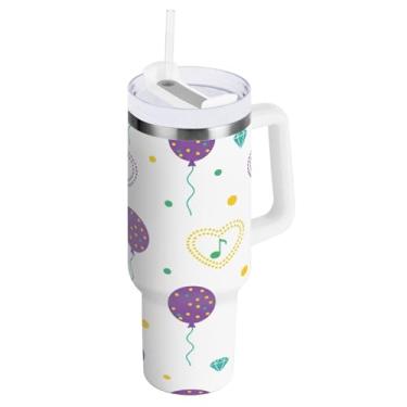 Imagem de Blueangle Copo isolado de balões de carnaval de 850 g com alça e tampa de palha, caneca de viagem reutilizável de aço inoxidável (522)