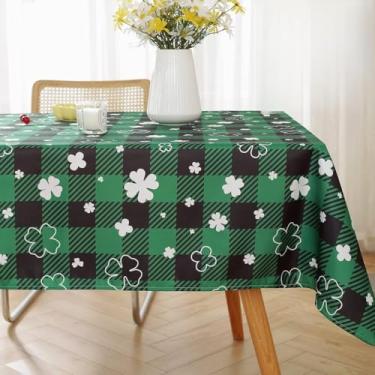 Imagem de Toalha de mesa retangular para Dia de São Patrício, trevo trevo com estampa xadrez de búfalo, lavável à prova de derramamento, capa de mesa verde para piquenique, festa, decoração de jantar (retângulo