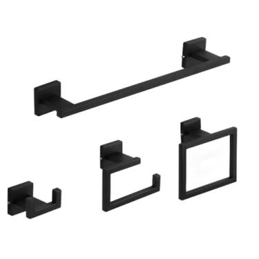 Imagem de Conjunto de acessórios de banheiro ouro preto fosco suporte de toalha de parede suporte de papel rolo anel de toalha gancho de roupão conjunto de ferragens de aço inoxidável, BK, conjunto de 4 peças