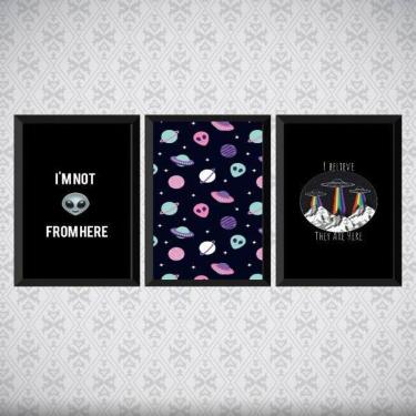 Imagem de Kit 3 Quadros I Believe Ovnis 24X18Cm Moldura Preta