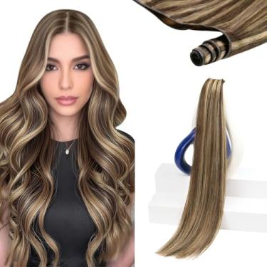Imagem de Sunny Hair Extensões de cabelo humano Genius Weft Hair Highlights Sew in Hair Real Human Hair Dark Brown Mix Caramelo Loiro Genius Trama Humana Extensões de Cabelo Humano Textura Macia Sedosa 35,5 cm