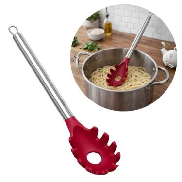 Imagem de Colher Pegador de Macarrão Silicone Bordô Premium Cabo Inox Elite 33cm - Tuut