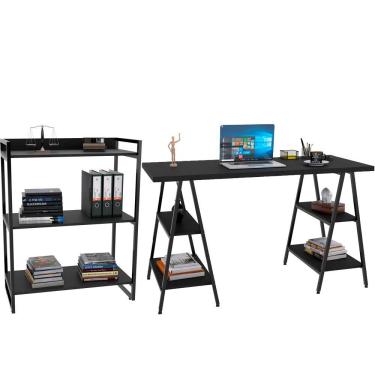 Imagem de Kit Mesa Cavalete 150cm com Estante 3 Prateleiras Estilo Industrial Form C01 Preto Onix - Lyam Decor