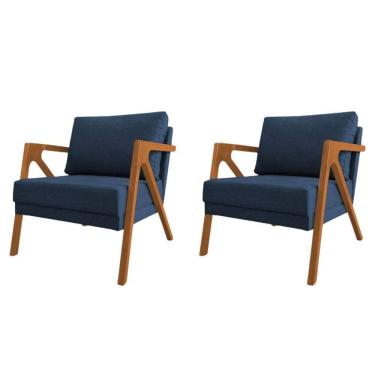 Imagem de Conjunto 2 Poltronas Sala De Estar Monique Madeira Cerejeira Azul Linho