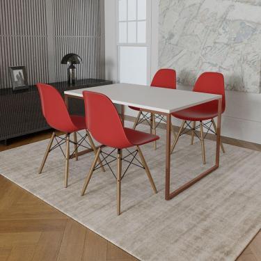 Imagem de Mesa Industrial Base Ferro Cobre 137X90 Tampo Branco 4 Cadeiras Eiffel Madeira Assento Vermelho