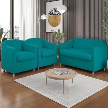 Imagem de Kit 02 Poltronas Reforçada Clinica + Namoradeira Suede Tilla Cor:azul Turquesa