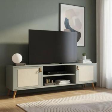 Imagem de Rack Para TV Com Pés De Madeira Tela Natural e Couro 160cm - Merk Move