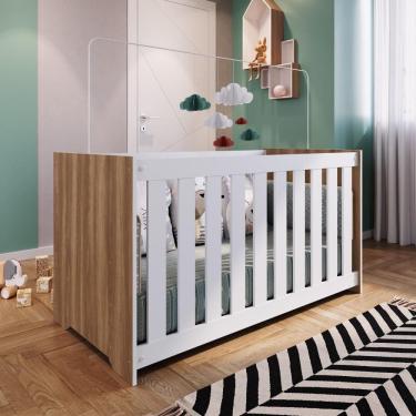 Imagem de Berço Linha Aconchego Mini Cama Com Estrado e Grade Quarto Infantil Marrom Madeira e Branco