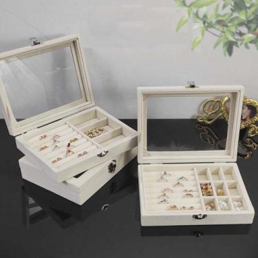 Imagem de Organizador Porta Jóias e Bijuterias Veludo Com Tampa Visor Vidro Médi