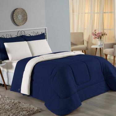 Imagem de Edredom Solteiro Nobre 1 Peça Dupla Face 1,60m X 2,40m Malha 100% Algodão - Azul-marinho / Palha