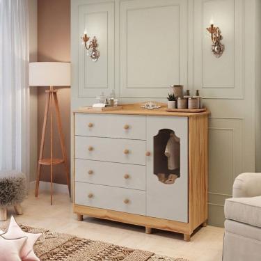 Imagem de Cômoda Infantil 4 Gavetas 1 Porta Mdf Maya Provençal 120cm Yescasa Off White/Amêndoa
