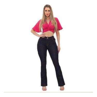 Imagem de Calça Jeans Feminina Flare Fechamento Zíper Cintura Alta Modela Bumbum