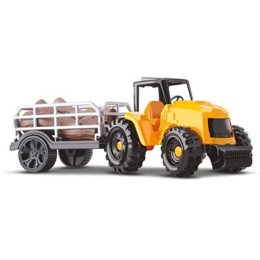 Imagem de Trator de Brinquedo Farm Work Tora 34cm com Carreta e 3 Toras Orange Toys