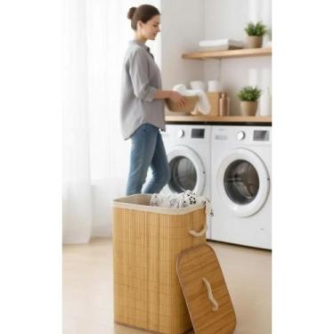 Imagem de 2x Cesto Bambu Dobrável C/ Tampa 40x30x50cm Bege - Congratulations Sto