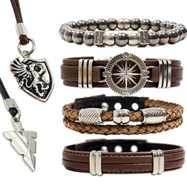 Imagem de Pulseiras Masculinas Kit C/4 BÚSSOLA MARROM + 2 Colares Flecha Dragão Premium (19cm)