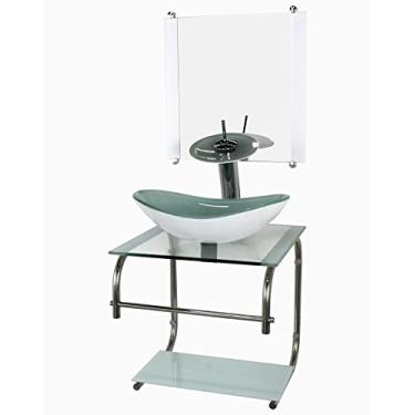 Imagem de GABINETE DE VIDRO CUBA OVAL 40CM INOX BRANCO COM TORNEIRA CASCATA