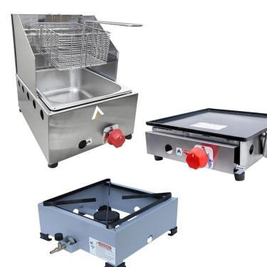 Imagem de Kit Lanchonete Fogão Portátil 1 Boca + Chapa 30cm e Fritadeira Profissional 1 Cuba Alcamar