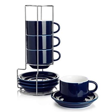 Imagem de Sweese Xícaras de cappuccino empilháveis de porcelana de 227 ml com pires e suporte de metal - para bebidas especiais de café, cappuccino, latte, americano e chá - Conjunto de 4, azul marinho