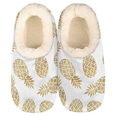 Imagem de Pantufas de abacaxi amarelo para mulheres homens, frutas inverno quente macio lã coral felpuda chinelos de casa meias leves portáteis confortáveis para interior ao ar livre quarto antiderrapante, Abacaxi