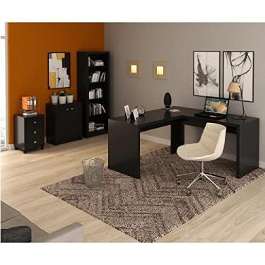 Imagem de Conjunto Home Office 4 Peças com 1 Mesa em L, 1 Balcão, 1 Gaveteiro e 1 Estante Tecno Mobili Preto