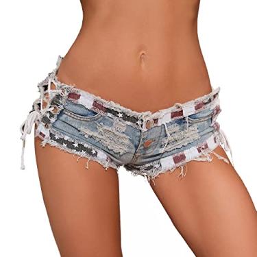 Imagem de Mini shorts jeans feminino cintura baixa com cadarço atrevido roupa de clube verão envelhecido tanga jeans curto rasgado calças quentes, azul claro, XGG