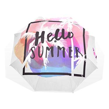 Imagem de U LIFE Hello Welcome Summer Beach Palm Trees Guarda-chuva dobrável compacto guarda-chuva dobrável manual aberto