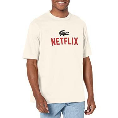 Imagem de Lacoste Camiseta masculina de manga curta Netflix da Contemporary Collection's com estampa solta, Farinha, G