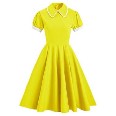 Imagem de GisTeq Vestido rodado azul feminino verão pinup roupão de festa, Amarelo, M