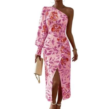 Imagem de Camisa Feminina Floral Print One Shoulder Wrap Hem Dress (Color : Pink, Size : L)