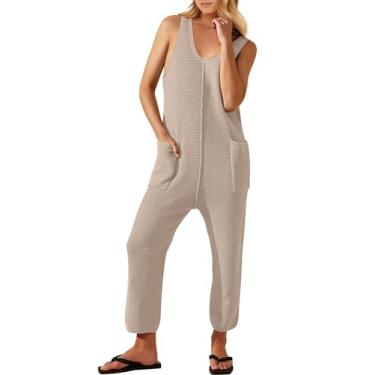 Imagem de ANRABESS Macacão feminino casual de verão sem mangas macacão de malha peça única, Caqui, G
