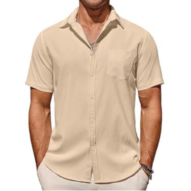 Imagem de COOFANDY Camisa masculina casual verão praia sem rugas manga curta com botões leve e texturizada, Amêndoa, P