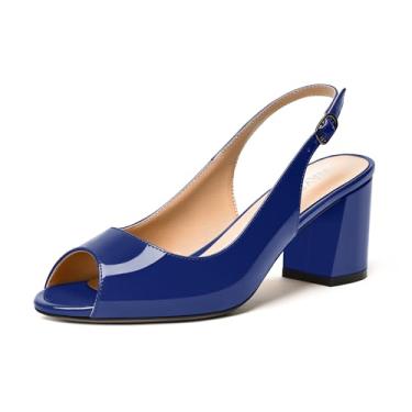 Imagem de WAYDERNS Sapato feminino de salto médio com alça ajustável peep toe, fivela patenteada, salto médio, 6 cm, Azul royal, 10