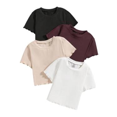 Imagem de Floerns Camiseta de manga curta com acabamento em alface lisa básica para meninas, 4 peças, Preto, marrom, bege, branco, 14 Anos
