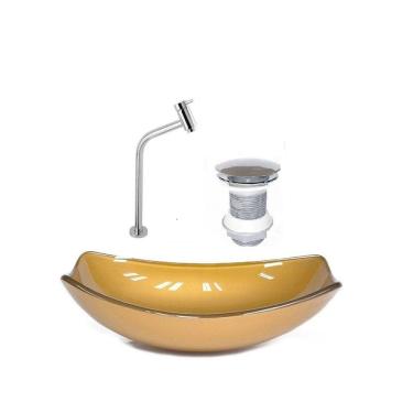 Imagem de Kit Cuba de Vidro + Torneira para Lavatório Oval Chanfrada 36cm Dourado Real