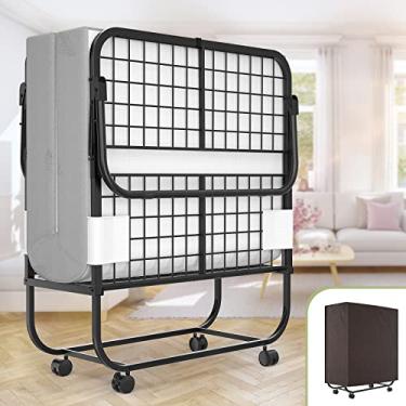 Imagem de Unikito Cama dobrável com colchão para adultos, tamanho de berço portátil de 190,5 x 78,7 cm, com colchão de espuma viscoelástica e estrutura de metal sobre rodas, design dobrado que economiza espaço