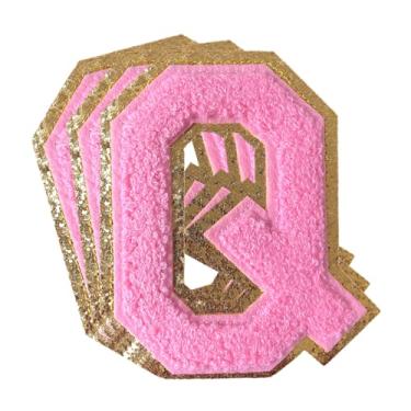 Imagem de 3 peças de remendos de letras de chenille rosa glitter ferro em remendos de letras universitárias remendo bordado de chenille costurar em remendos para roupas chapéu bolsas jaquetas camisa (rosa, Q)