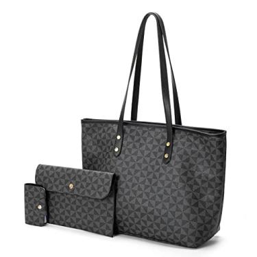 Imagem de DFU Bolsas de ombro femininas bolsas de mão moda carteira xadrez bolsa de ombro alça superior bolsa bolsa bolsa conjunto de 3 peças, Preto