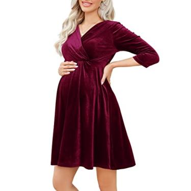 Imagem de FUNJULY Vestido feminino de veludo retrô com decote em V rodado rodado evasê vestido sexy vestido de férias vestido de noite convidada de casamento, Vinho tinto, GG